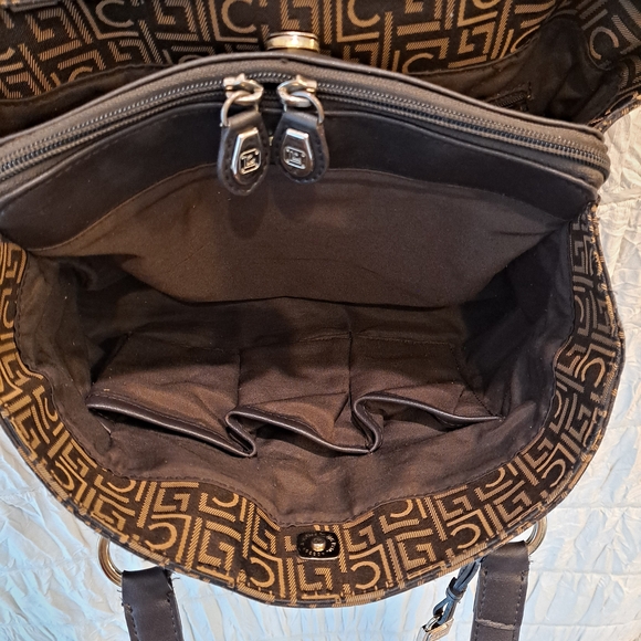 Liz Claiborne Vintage Cotton Canvas Fabric Tan Brown Monogram Shoulder Satchel - Picture 8 of 15